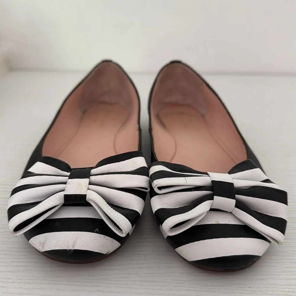 Kate Spade Wallace Black & White Striped Bow Round Toe Flats Size 8 - Picture 2 of 10